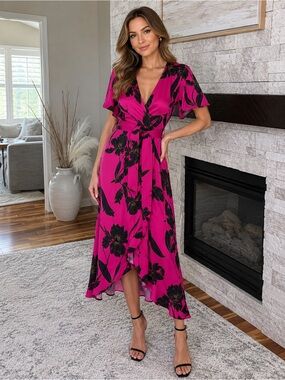 A.L.C. Cora Silk Floral Wrap Midi Dress Pink Black Size 2